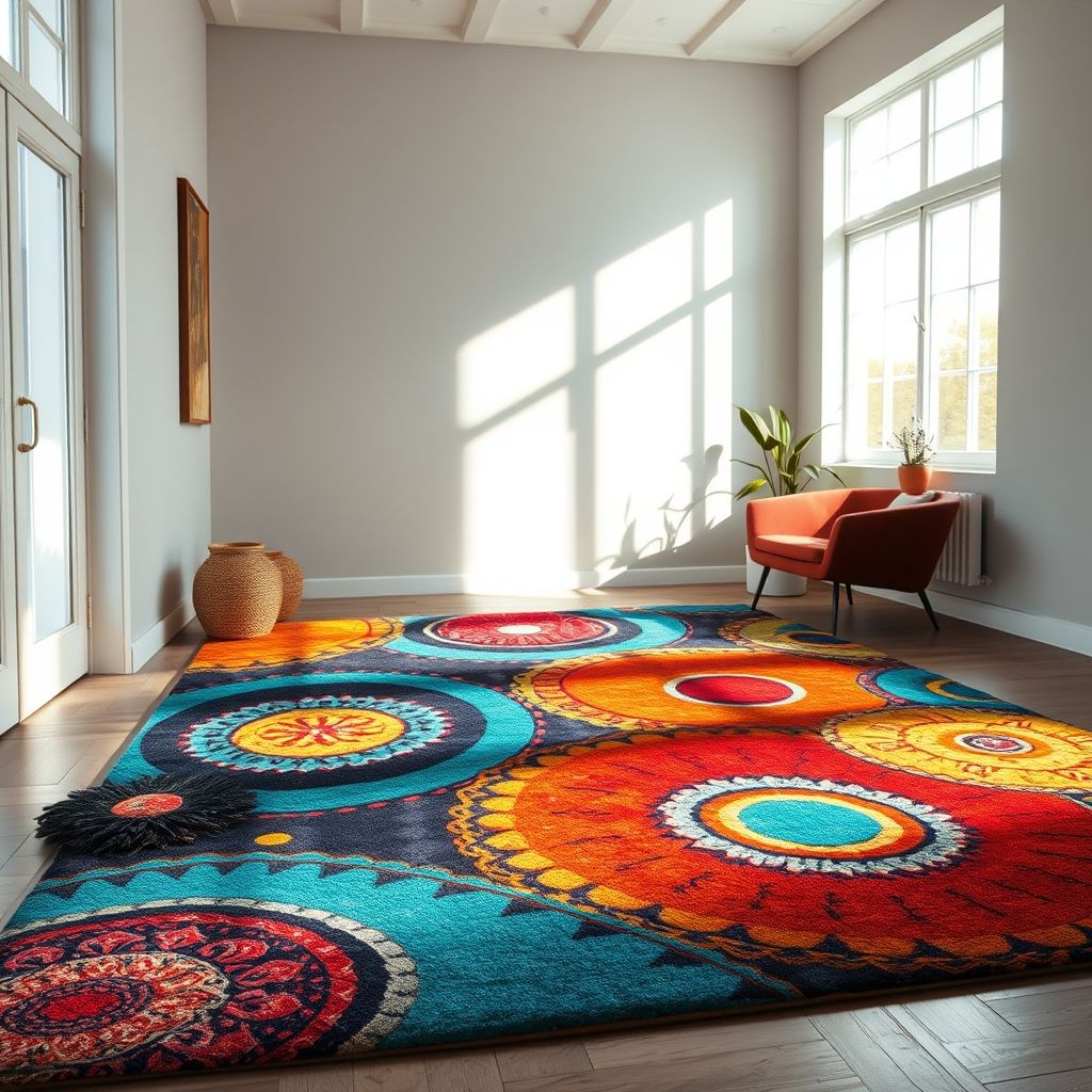Un tapis contemporain aux motifs artistiques et couleurs vives, apportant une touche moderne à tout intérieur. La texture est riche et agréable au toucher, parfait pour des espaces créatifs et élégants.
