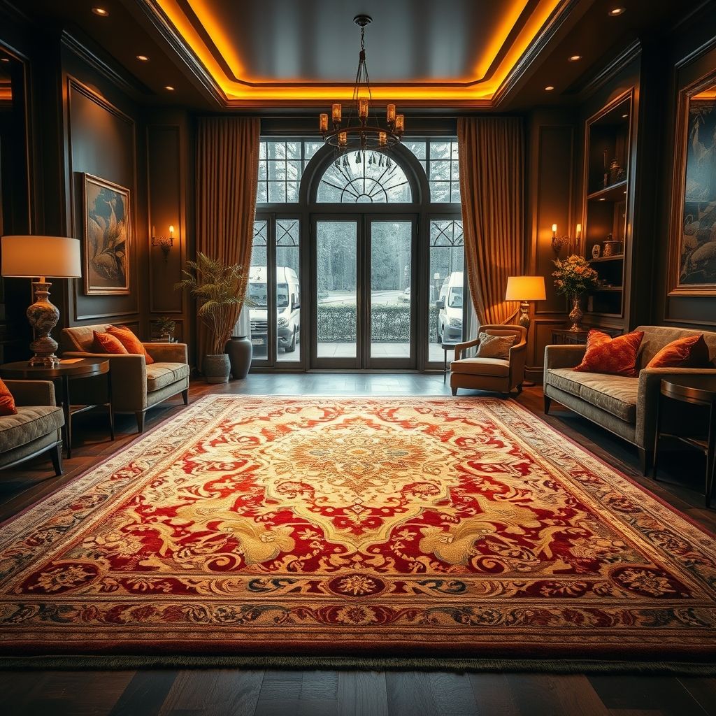Un tapis haut de gamme exposé dans un intérieur élégant, mettant en valeur sa texture raffinée, ses couleurs chaleureuses et son design exclusif, évoquant confort et sophistication.