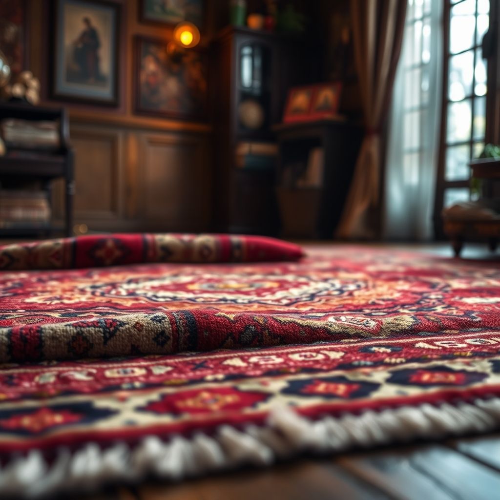 Un tapis traditionnel aux couleurs riches, avec des motifs élégants et une texture douce, posé dans un intérieur accueillant. Les détails et la qualité artisanale sont évidents, offrant un produit durable et esthétique.