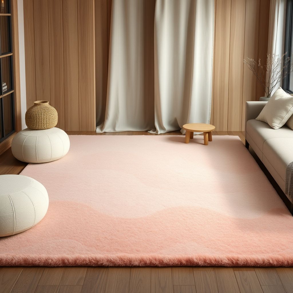 Un tapis aux dégradés doux et à la texture veloutée, présentant des nuances harmonieuses et un design raffiné, parfait pour une décoration personnalisée. Le produit est mis en valeur dans un cadre chaleureux, évoquant un sentiment de confort et d'élégance adaptée à toutes les occasions.