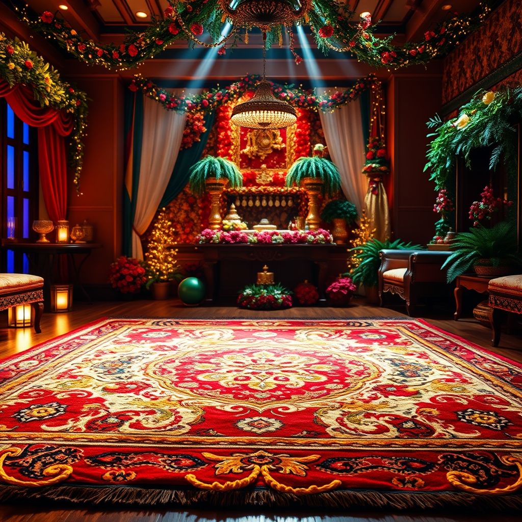Un tapis aux textures variées et aux couleurs festives, idéal pour sublimer vos célébrations. L'ambiance chaleureuse et la qualité du produit en font un choix parfait pour des moments conviviaux et élégants.