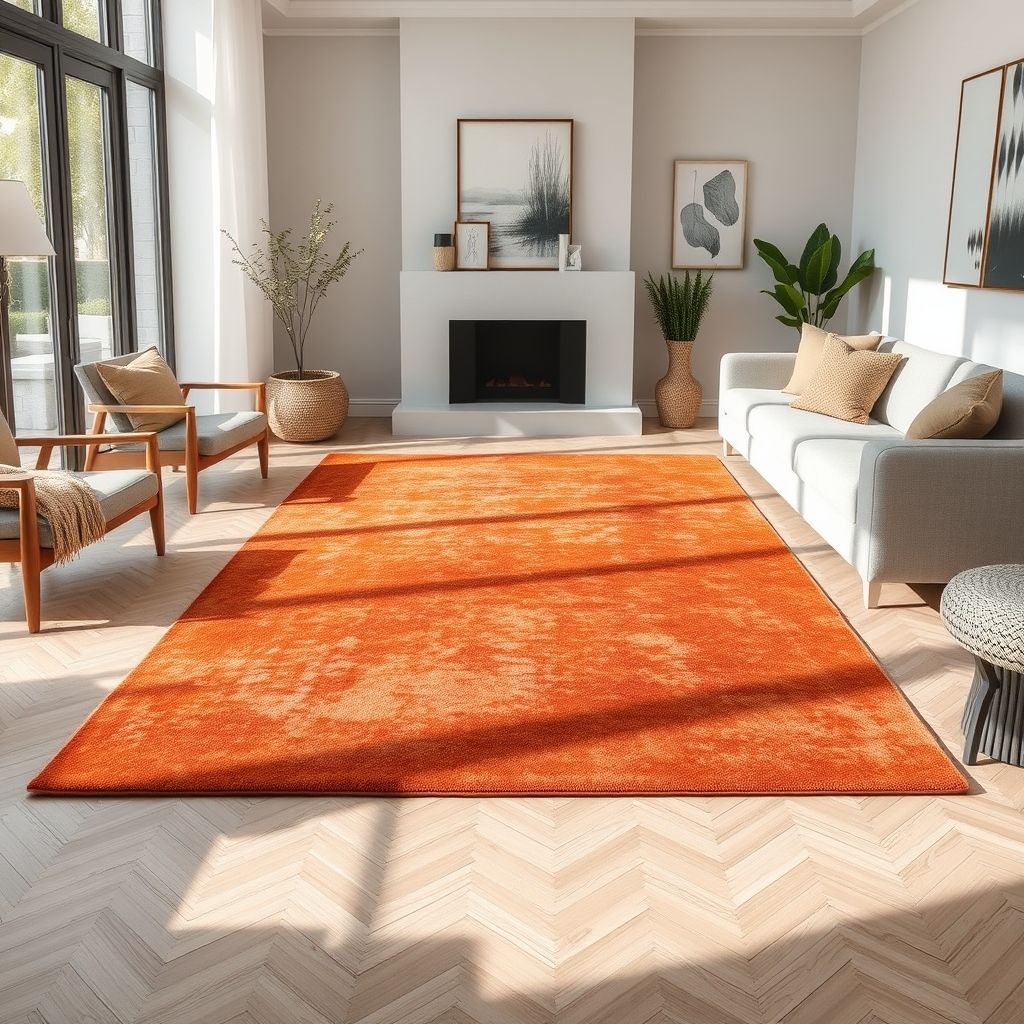 Un tapis élégant aux tons chauds avec une texture douce et une finition soignée, placé dans un salon moderne. Les détails sont visibles avec une lumière naturelle, mettant en valeur la qualité artisanale et le confort exceptionnel du produit.