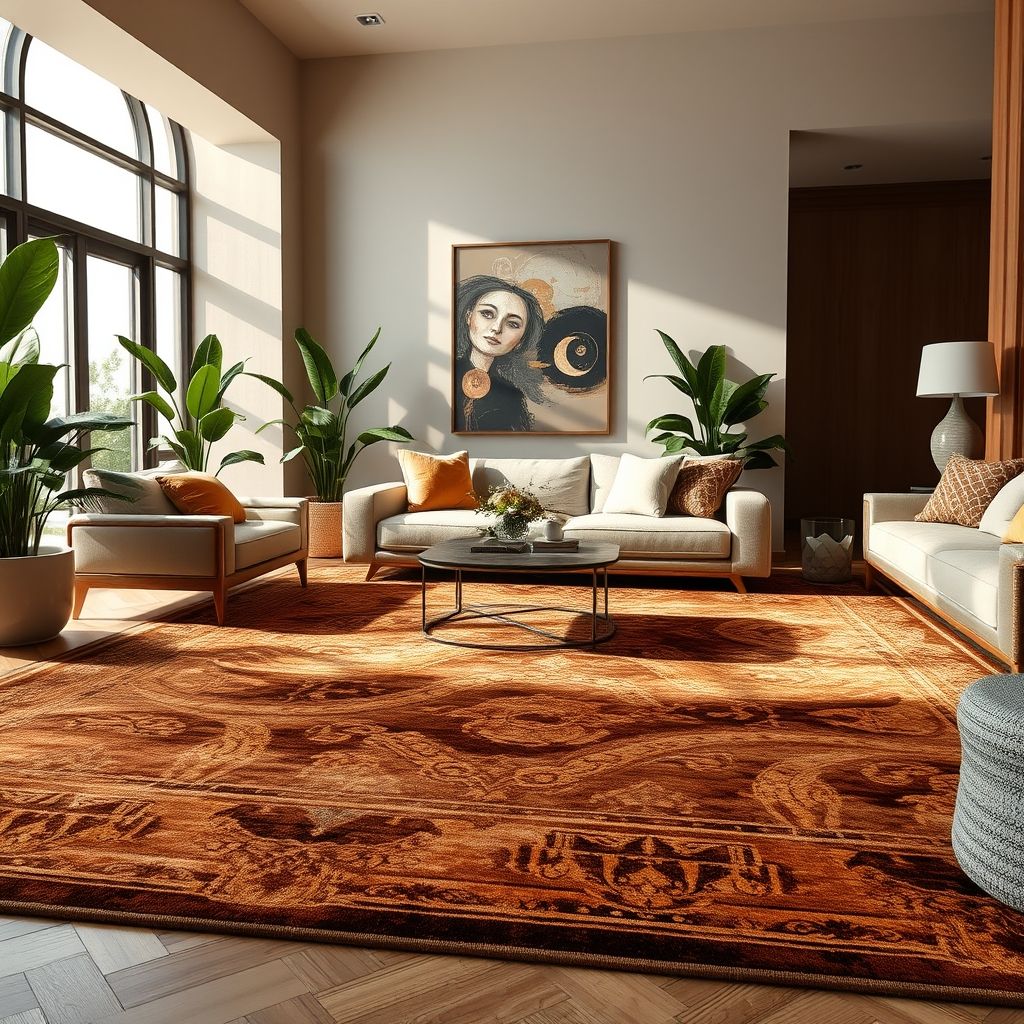 Un tapis luxueux aux textures riches et aux motifs raffinés orne élégamment un salon moderne. Les nuances chaudes de brun et d'or se mêlent harmonieusement, apportant confort et style à l'espace. Des plantes vertes et des éléments en bois naturel complètent le décor, créant une atmosphère accueillante et sophistiquée. L'éclairage doux met en valeur les détails du tapis, invitant à la détente et à l'élégance.