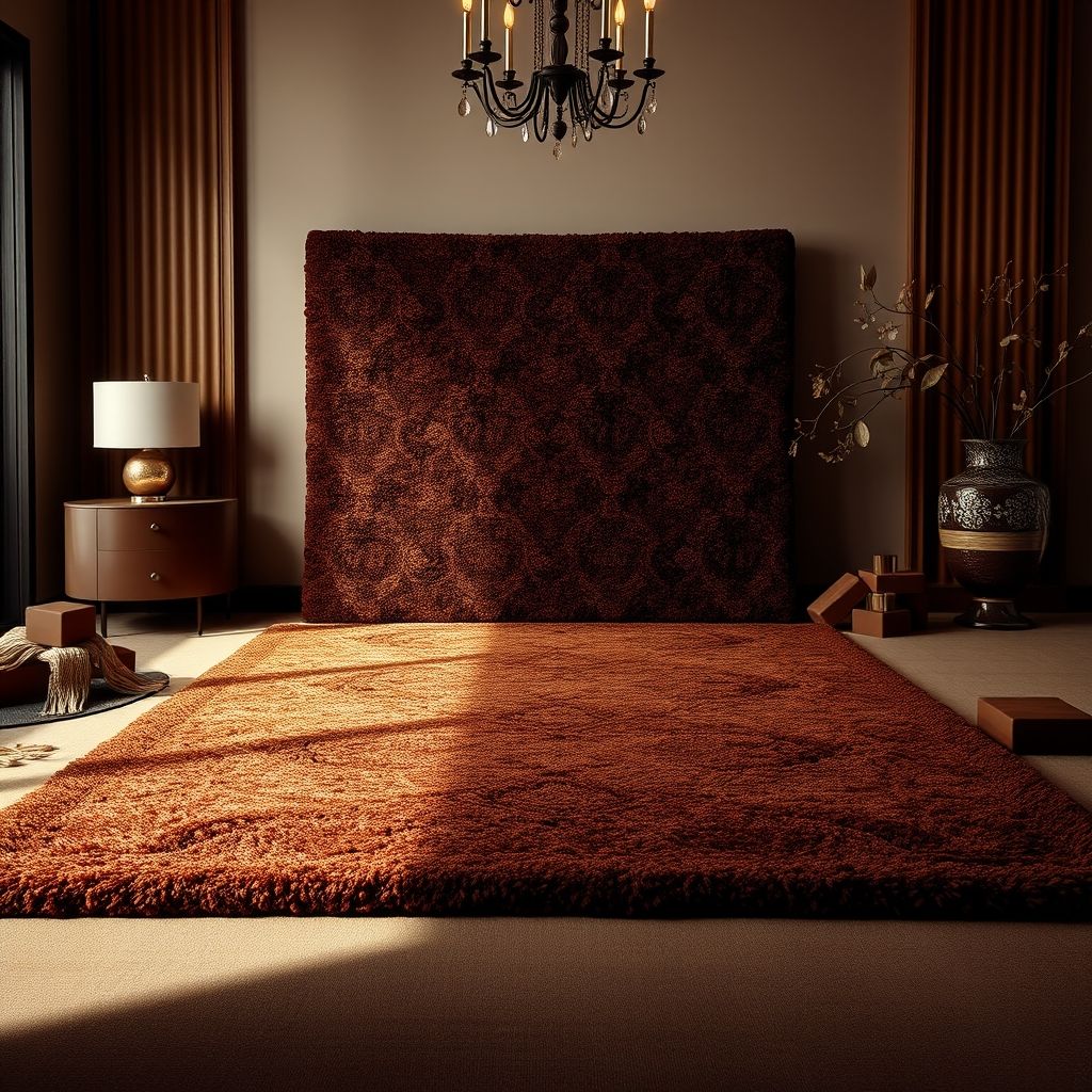 Un tapis aux tons chocolat profonds et à la texture riche trône au centre, entouré d'éléments décoratifs en chocolat pour évoquer une sensation de luxe et de douceur. L'ambiance chaleureuse et raffinée invite à la découverte d'un produit haut de gamme et unique.