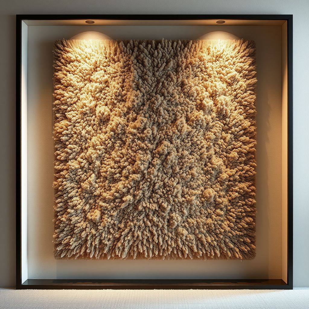 Un tapis aux couches de textures riches et variées, alliant douceur et résistance, exposé dans un cadre élégant. Les tonalités chaudes et naturelles créent une ambiance cosy et raffinée, idéale pour sublimer tout intérieur.